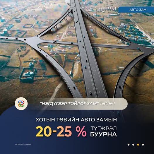 “НЭГДҮГЭЭР ТОЙРОГ ЗАМ” ТӨСӨЛ ХЭРЭГЖСЭНЭЭР ХОТЫН ТӨВИЙН АВТО ЗАМЫН ТҮГЖРЭЛ 20 – 25 ХУВИАР БУУРНА